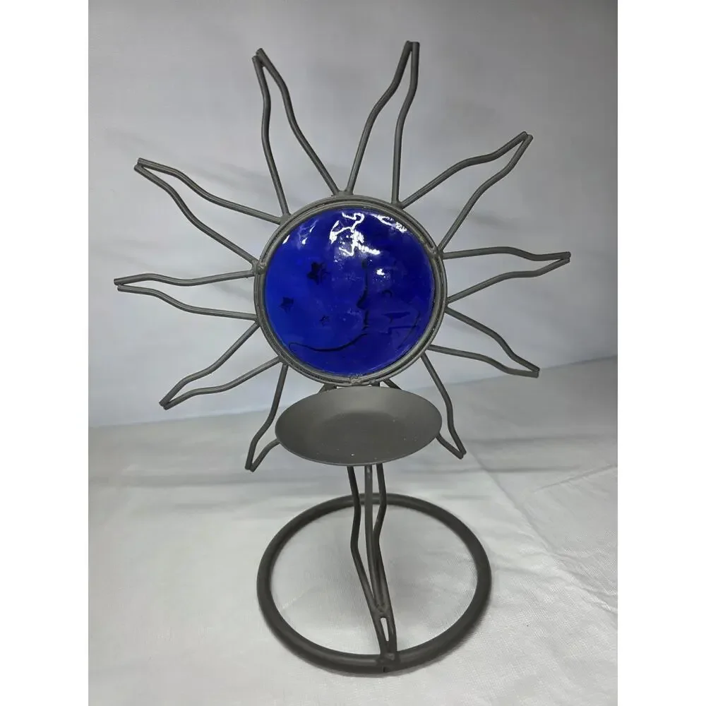 Vintage Blue Cobalt Glass Wrought Iron Candle Holder Celestial Moon Star Sun Sky